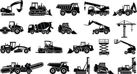 Obraz premium Construction Machinery Silhouettes Set with Excavator, Bulldozer, Dump Truck, Crane, Loader, Roller, and Mixer Icons