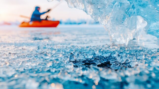 Close-up of ice crystal formation on frozen lake with blurred kayaker