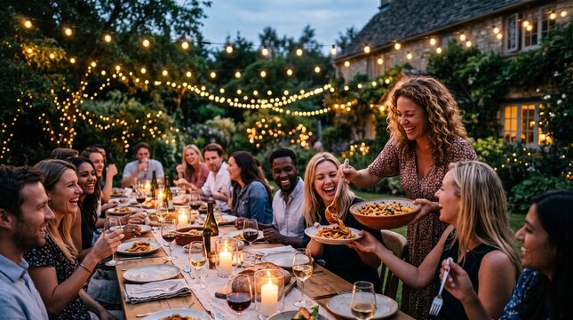 Person serving pasta to friends