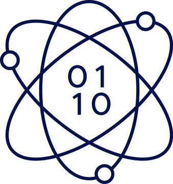 Quantum computing icon with atom and binary code. Vector illustration, flat design