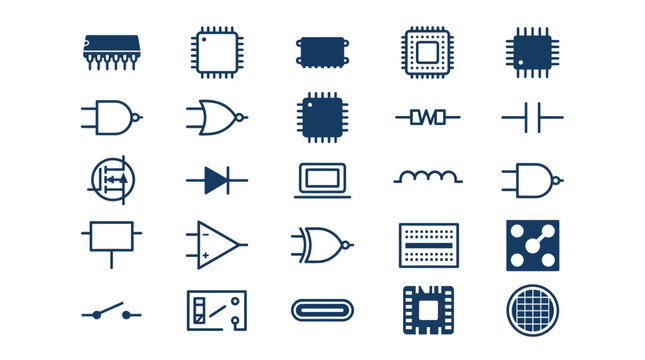 Collection of electronic circuit and chip icons.