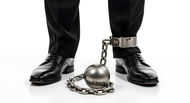Burdened Businessman Shackled with Heavy Ball and Chain on White