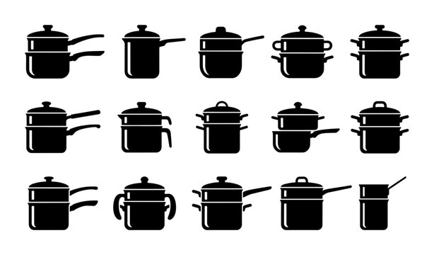 Black Silhouette Cooking Pots and Pans Collection, Steamer Pots and Saucepan Icons, Kitchenware Vector Set for Culinary Design