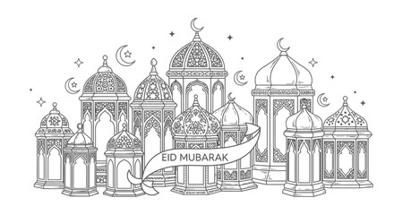 Obraz premium Eid Mubarak Hand Drawn Sketch Lanterns Illustration