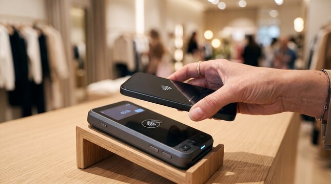 Close-up of Customer Using Smartphone for Contactless NFC Payment at POS Terminal in Luxury Fashion Boutique, Modern Retail Digital Transaction and Seamless Shopping Concept.