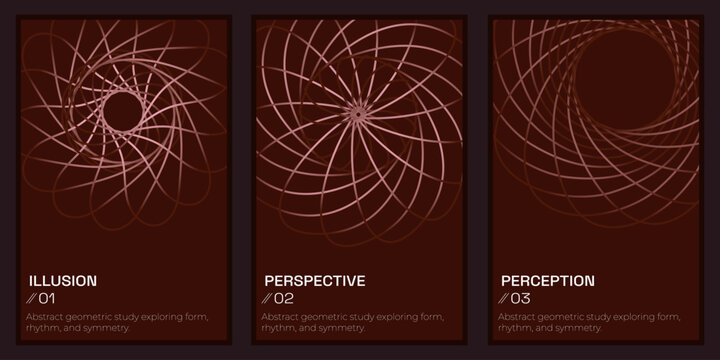 Rose Gold Geometric Abstract Poster Set, Copper Line Art Spirograph Wall Art Prints, Dark Brown Vector Triptych Template