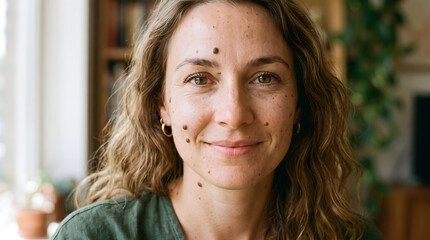 Fototapeta premium Woman with moles and freckles smiling naturally