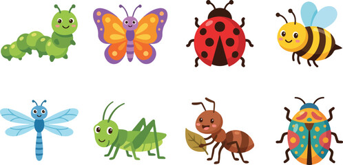 Cute cartoon insects vector set featuring caterpillar butterfly ladybug bee dragonfly grasshopper ant beetle for kids education design © ABUSAYED