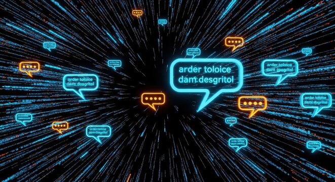 Futuristic digital communication network, glowing neon speech bubbles in hyperspace, high speed data transfer concept Premium Background