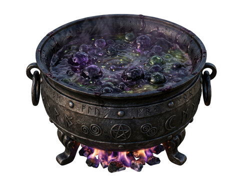A bubbling cauldron with magical purple liquid over fire isolated on transparent background. Potion brewing concept.