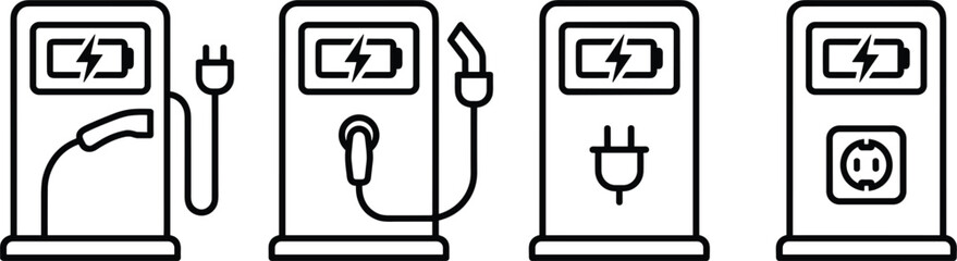 Fototapeta premium Electric vehicle charging station icon set with plug socket battery symbol vector illustration collection isolated