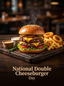 Double cheeseburger with french fry and onion ring on wooden table