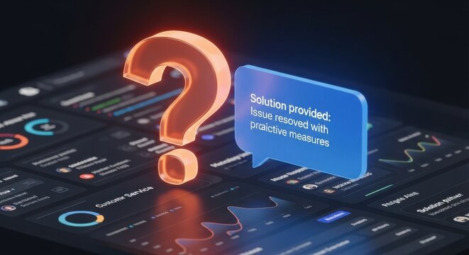 Glowing 3D question mark icon on digital dashboard, customer service solution provided, business data analytics concept Premium Background