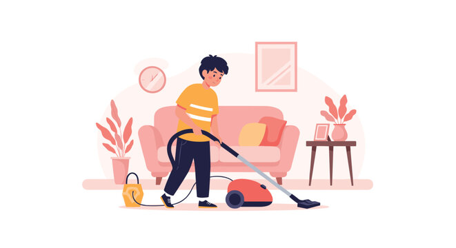 Young boy cleaning the living room with red vacuum cleaner helper doing household chores flat vector illustration.