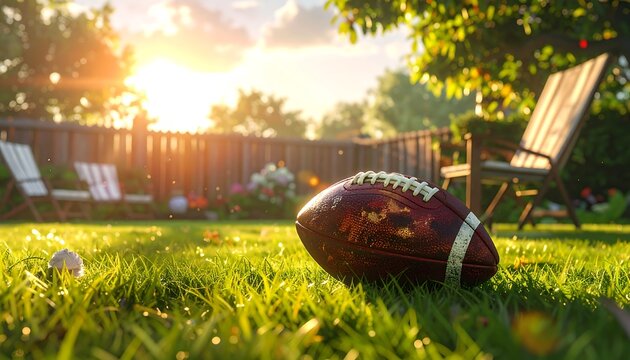 A brown leather American football on green grass with a wooden chair and fence in background