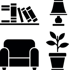 Fototapeta premium Bookshelf Lamp Armchair and Plant Pictogram Icon Collection
