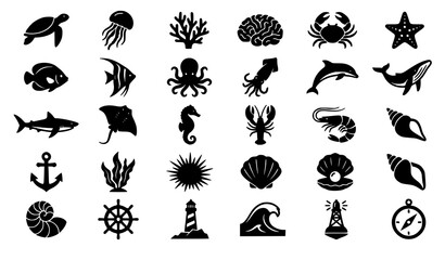 Ocean Wildlife and Nautical Black Silhouette Vector Icons for Beach and Marine Designs © MDJiaur