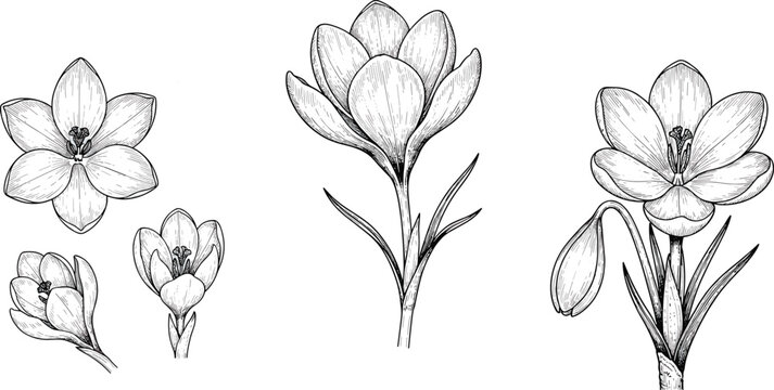 Hand drawn crocus flower and saffron line art sketch illustration set featuring detailed botanical spring blooming flora elements for vintage floral design