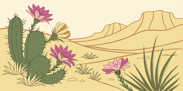 Desert landscape with blooming cactus and mountains illustration, landscape