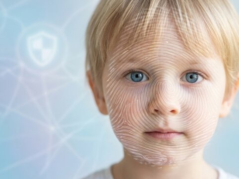 Child face with biometric scan fingerprint graphic and shield icon
