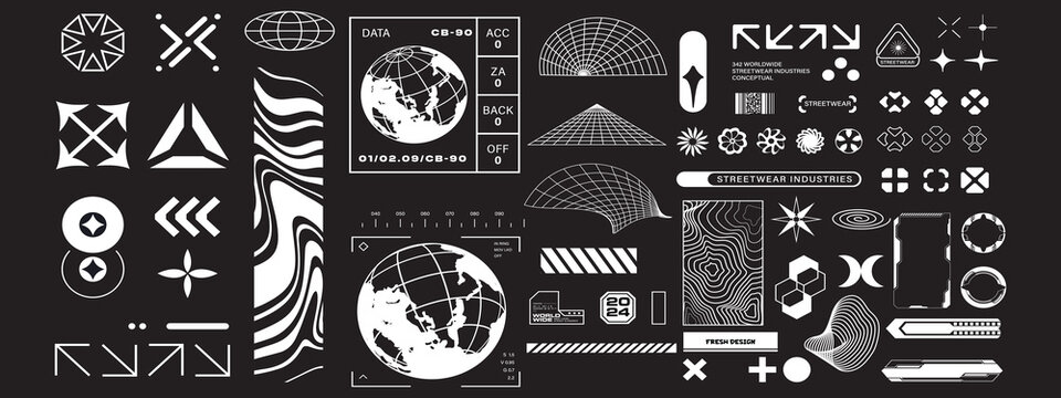 Futuristic industrial micrographics and cyberpunk technical labels