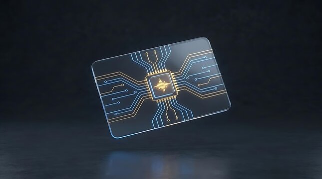 Floating glass card with glowing gold circuitry and chip.