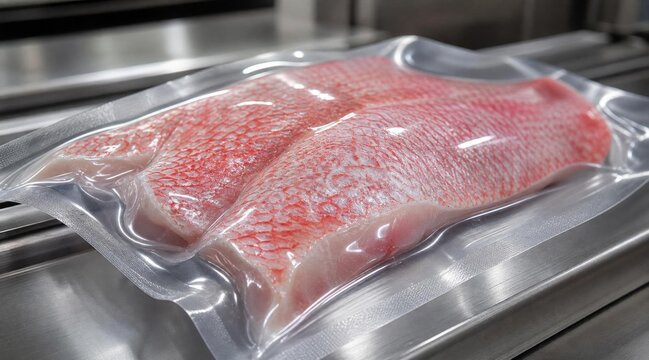 Fresh red snapper fish fillets vacuum sealed in plastic packaging on a metal table.