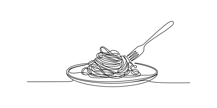 A black and white line drawing of spaghetti on a plate with a fork