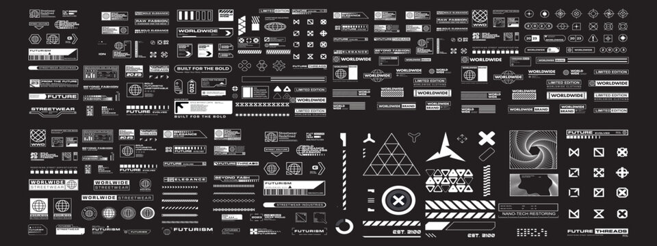 Futuristic industrial micrographics and cyberpunk technical labels