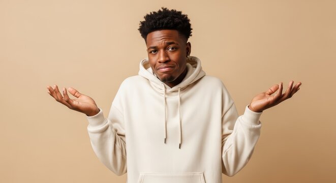 Confused Young African American Man Shrugging Shoulders in White Hoodie Against Beige Background