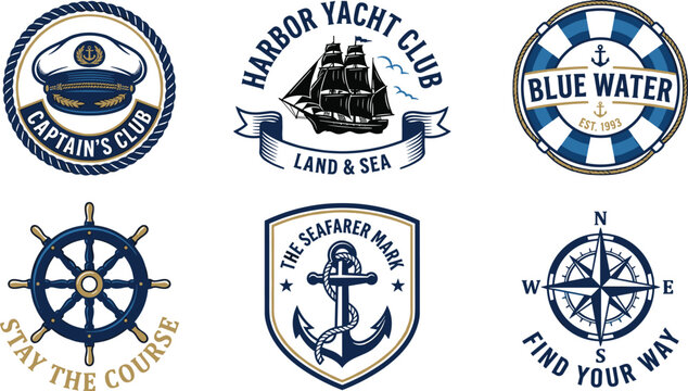 Vintage nautical logo emblem set featuring captain hat sailboat anchor ship wheel compass vector illustration