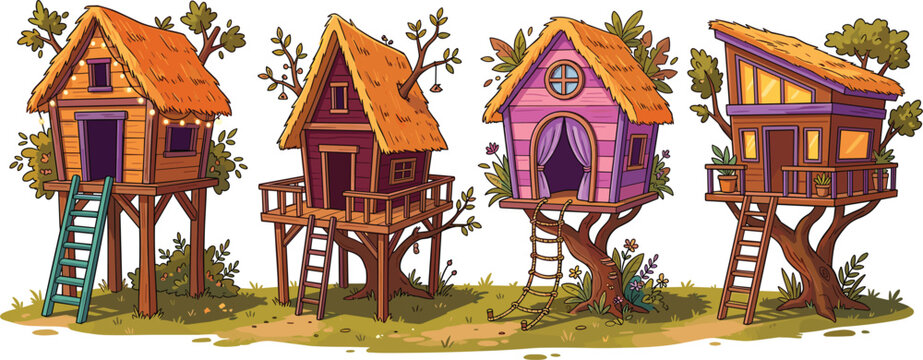 Rustic wooden treehouse collection set with thatched roofs and ladders in forest vector illustration isolated