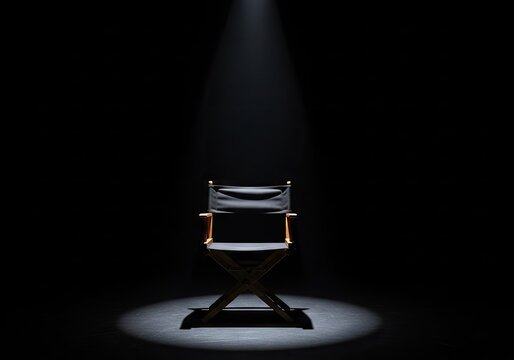 Classic black director chair in small floor spotlight.