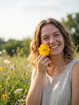 Smiling woman holding yellow flower in field outdoor