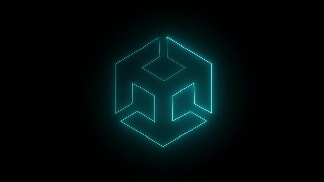 Unity icon animation by cyan color on black background. 3d modeling, isometric cube with axes. BIM Technology Icon Ideal for Building Information Modeling and Architecture. 4k animation video