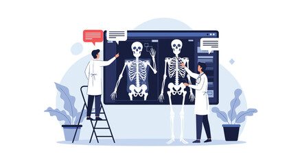 Fototapeta premium Medical doctors or radiologists analyzing human skeleton x-ray scans on a digital screen representing anatomy education and diagnosis.