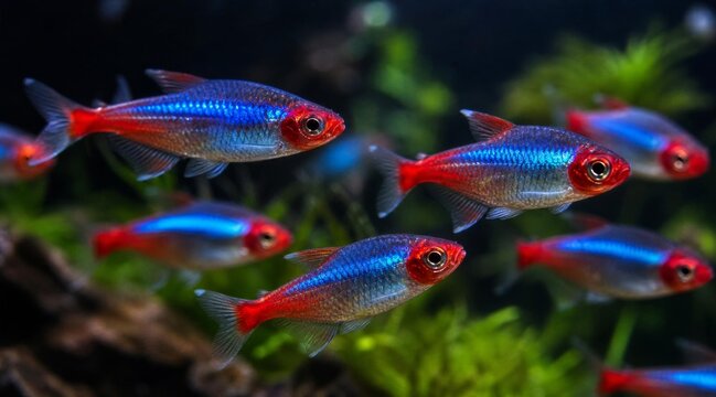 A school of vibrant neon tetra fish swimming in a freshwater aquarium.