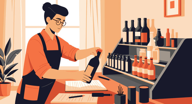 Wine store manager or sommelier checking bottles on display shelves and taking notes on a clipboard representing wine selection.