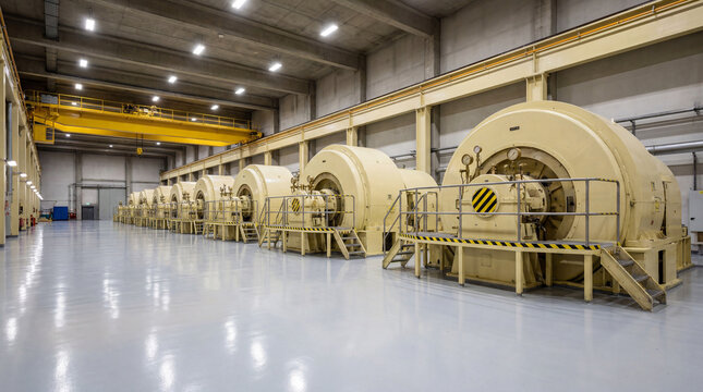 Interior of a power plant hall with a row of turbine generators and an overhead crane