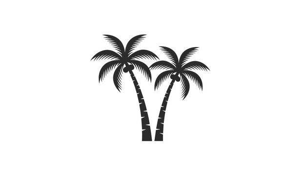 Black silhouette of two tropical palm trees leaning towards each other isolated on a white background.