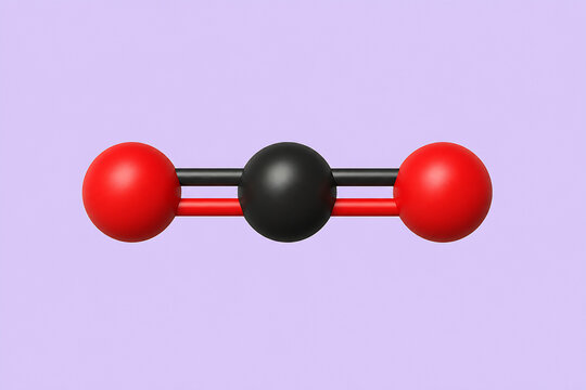 A molecular model of a molecule with two red spheres and one black sphere connected by rods against a light purple background.