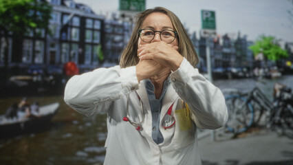 Fototapeta premium Woman doctor covering mouth with hands, wearing whitecoat and stethoscope, standing on street by canal and bicycles; surprise urgency.
