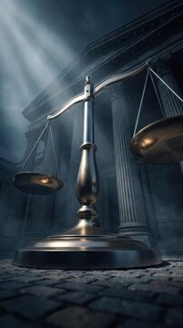 Scale of justice outside courthouse building with dramatic light