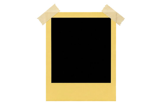 Pink bordered instant photo frame with blank black center and beige tape corners isolated on white background, creative placeholder template for photography projects