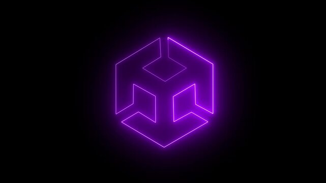 Unity icon animation by purple color on black background. 3d modeling, isometric cube with axes. BIM Technology Icon Ideal for Building Information Modeling and Architecture. 4k animation video