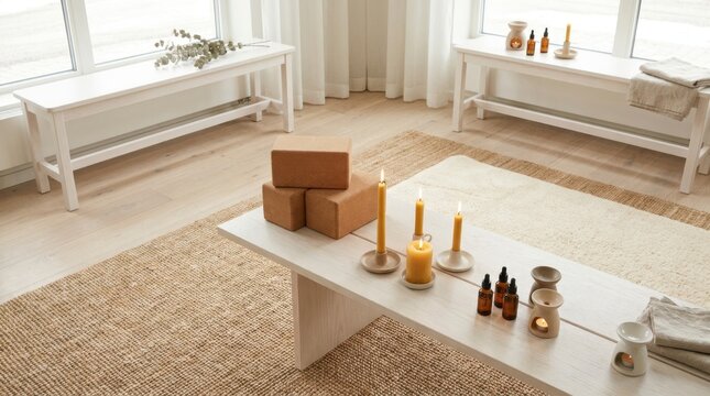 Serene yoga studio setup with cork blocks, candles, and essential oil diffusers