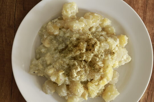 Traditional Andean freeze-dried potato (chu&ntilde;o) served with cheese and boiled egg