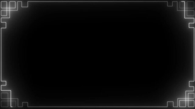 Empty futuristic holographic neon frame with glowing white color digital border and abstract geometric accents on a black background 4k video