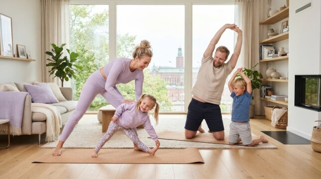 Family doing yoga together in their bright living room, promoting healthy lifestyle