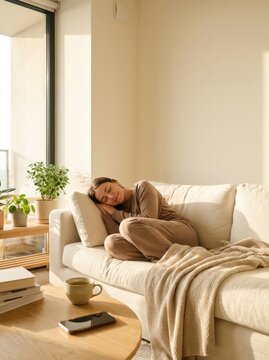 Woman sleeping on sofa in living room with her smartphone away on the table.